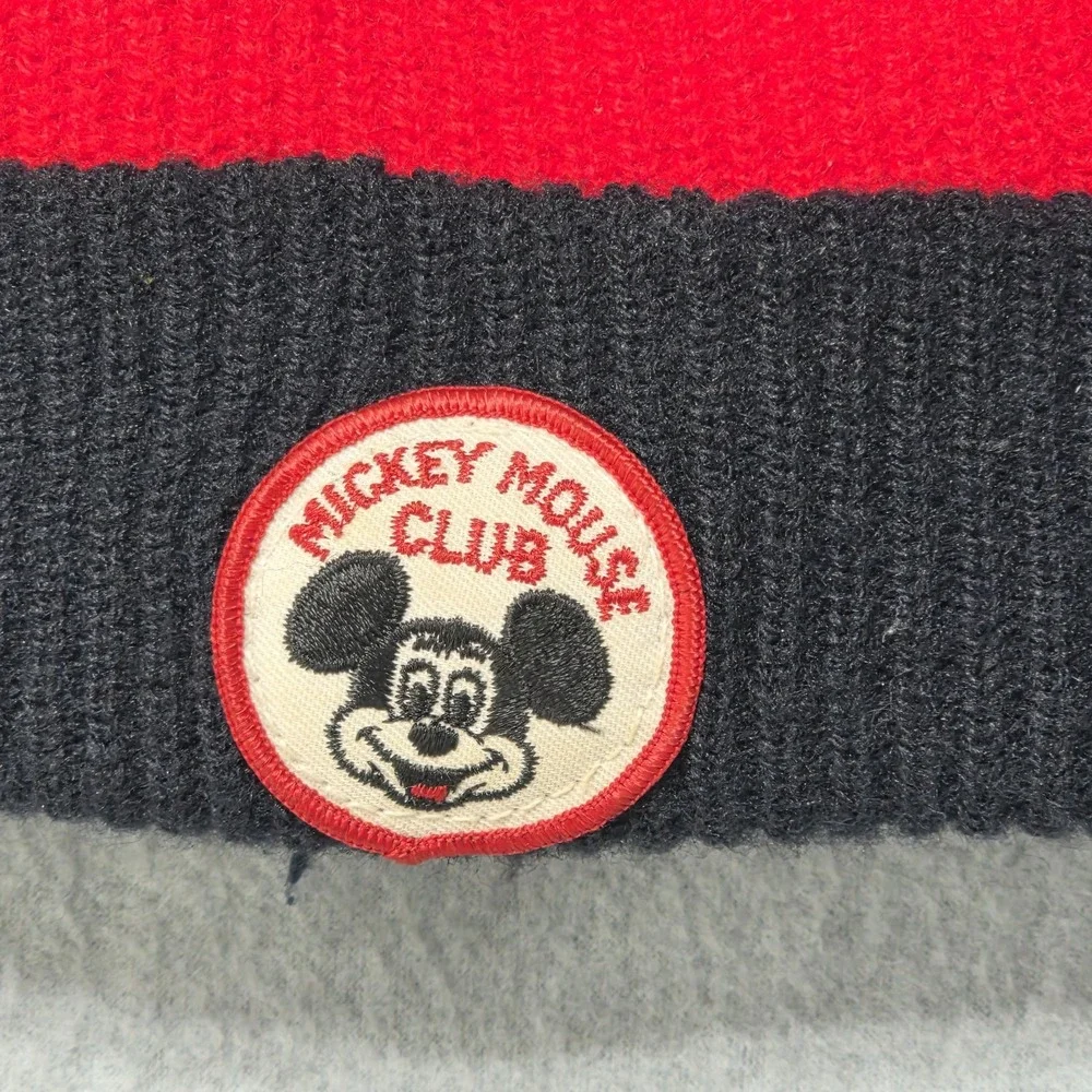 Disney Mickey Mouse Club Unisex Knit Beanie Pom Hat Red Black White Vintage